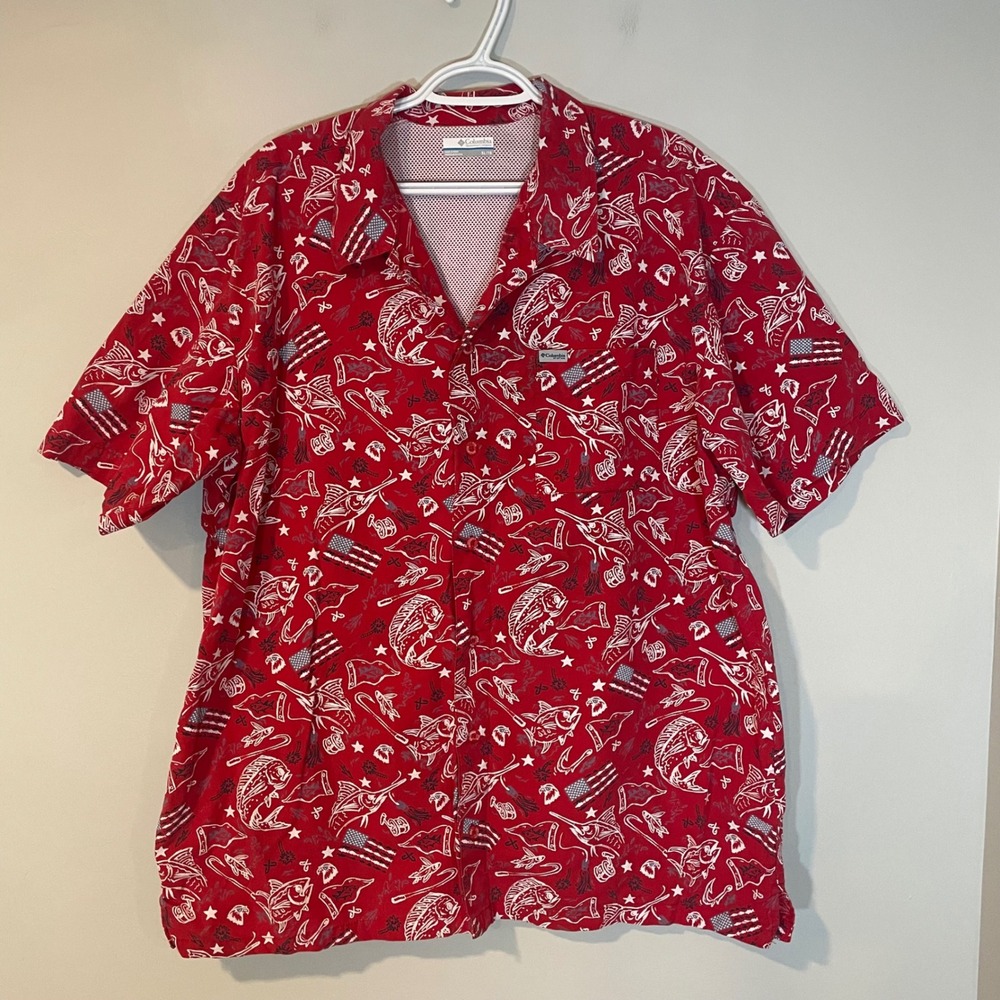 Columbia PFG Mens XL‎ Red Fishing Shirt Short Sleeve Marlin Flag Patriotic FLAW